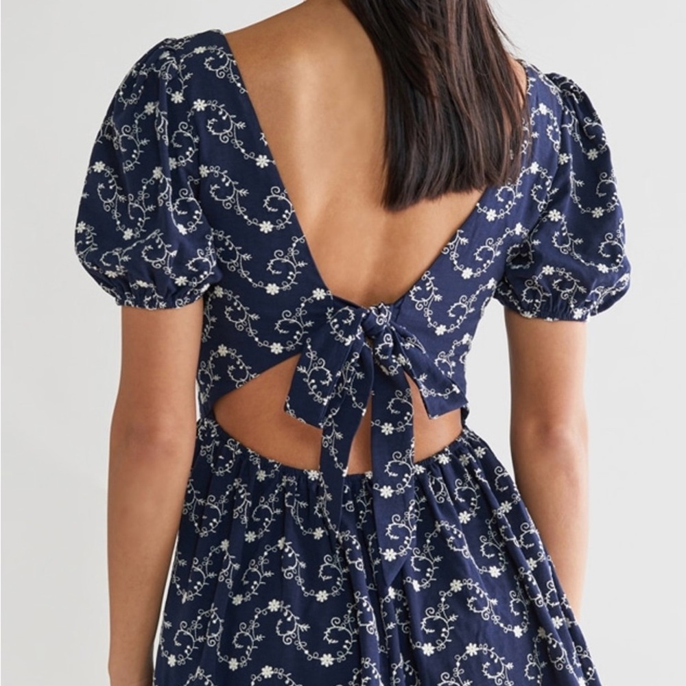 Francesca's Collection Gena Tie Back Embroidered Navy Puff Sleeve Mini Dress - Picture 3 of 16